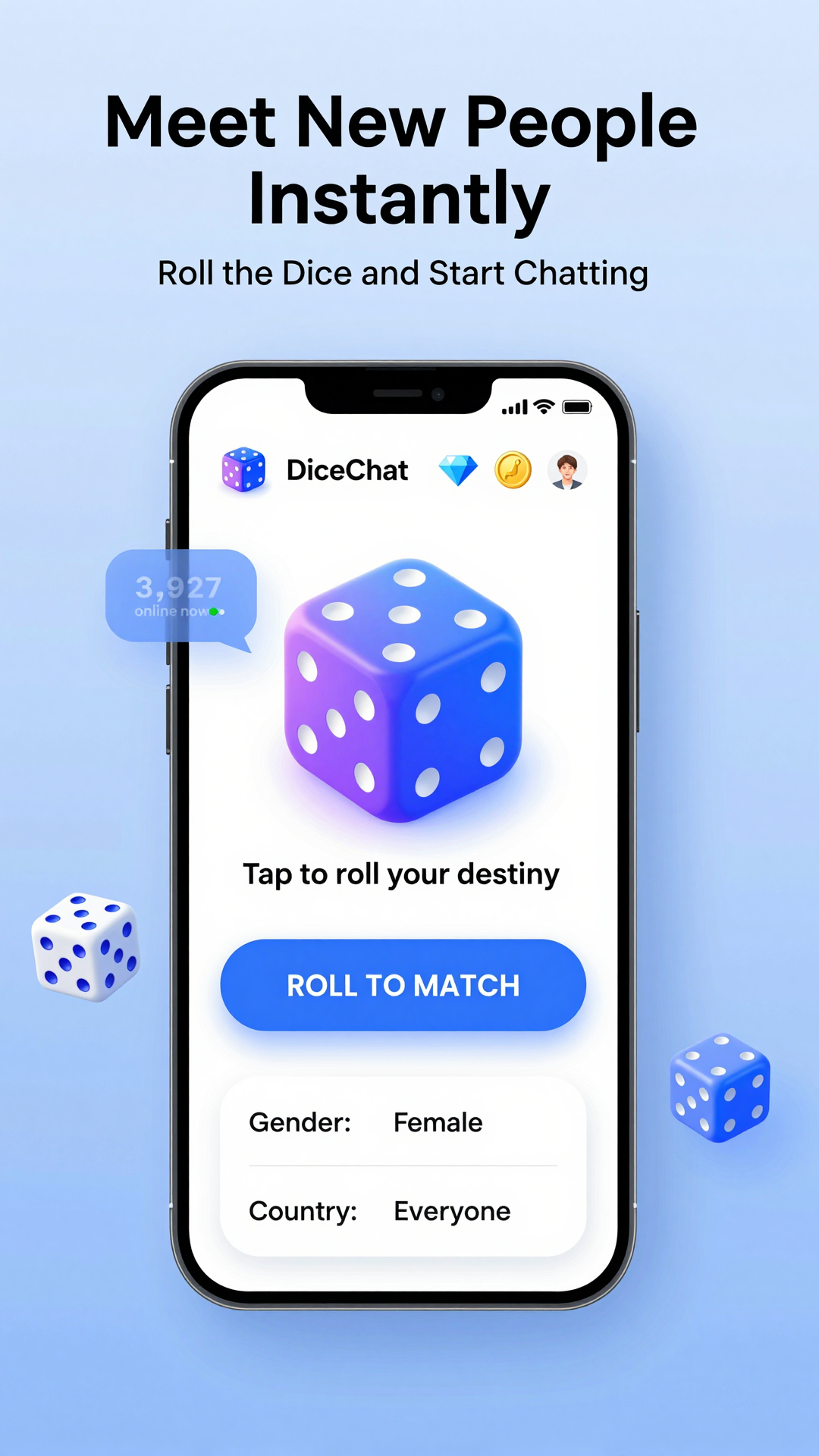 DiceChat app home preview in a phone mockup
