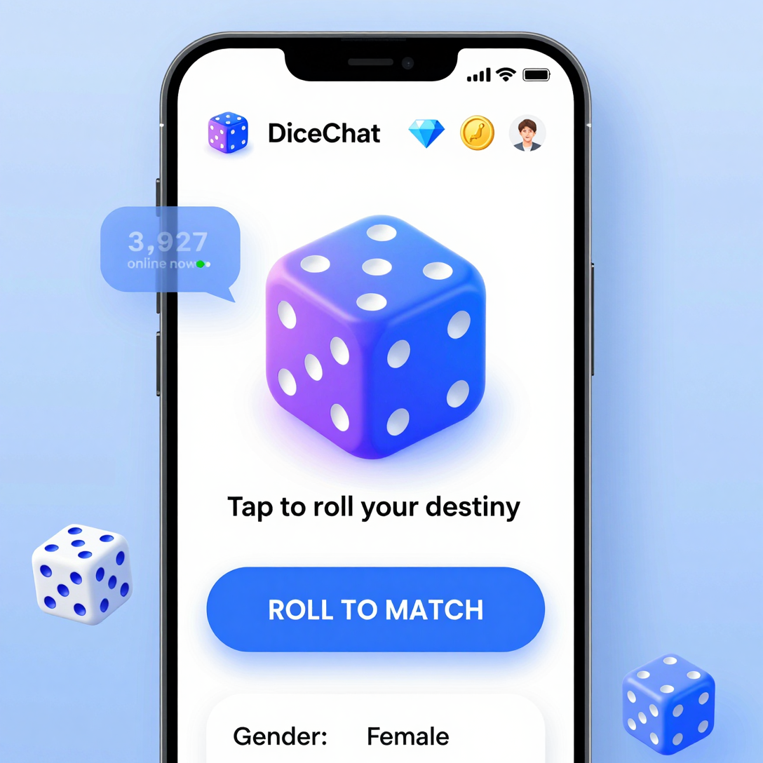 DiceChat – random chat app with white background and blue dice logo