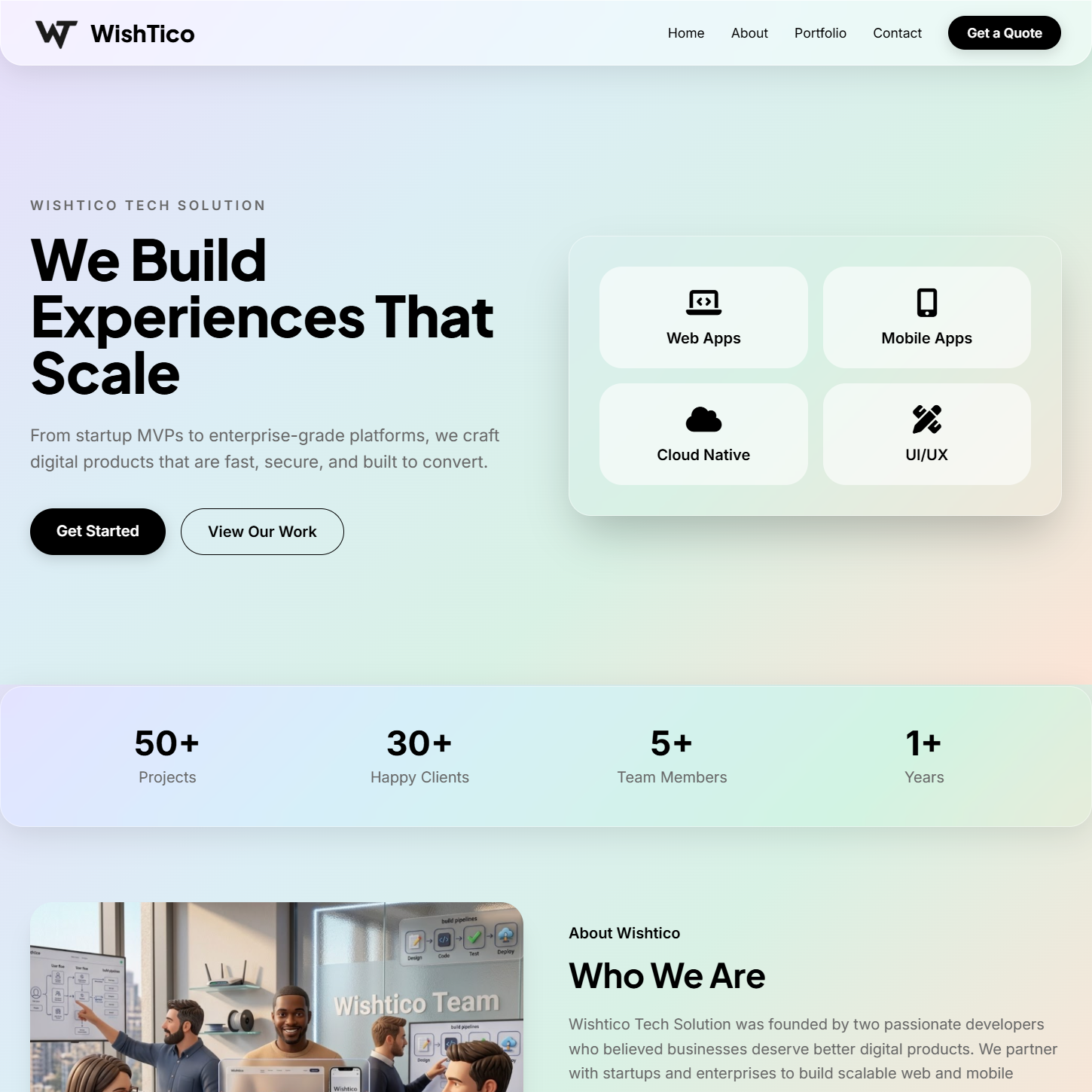 Wishtico Tech Solution branding preview with indigo gradient